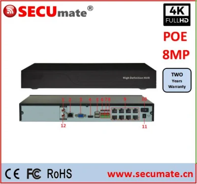 16CH Poe NVR 8MP H. 265 Gravador de vídeo em rede Áudio Onvif P2p Visualização remota HDMI